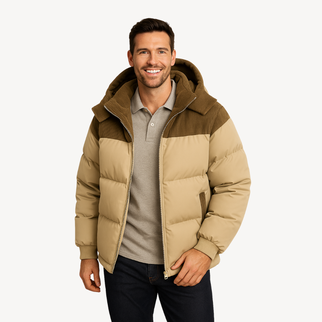 Heren Puffer Jas met Corduroy Capuchon – Warm en Stijlvol
