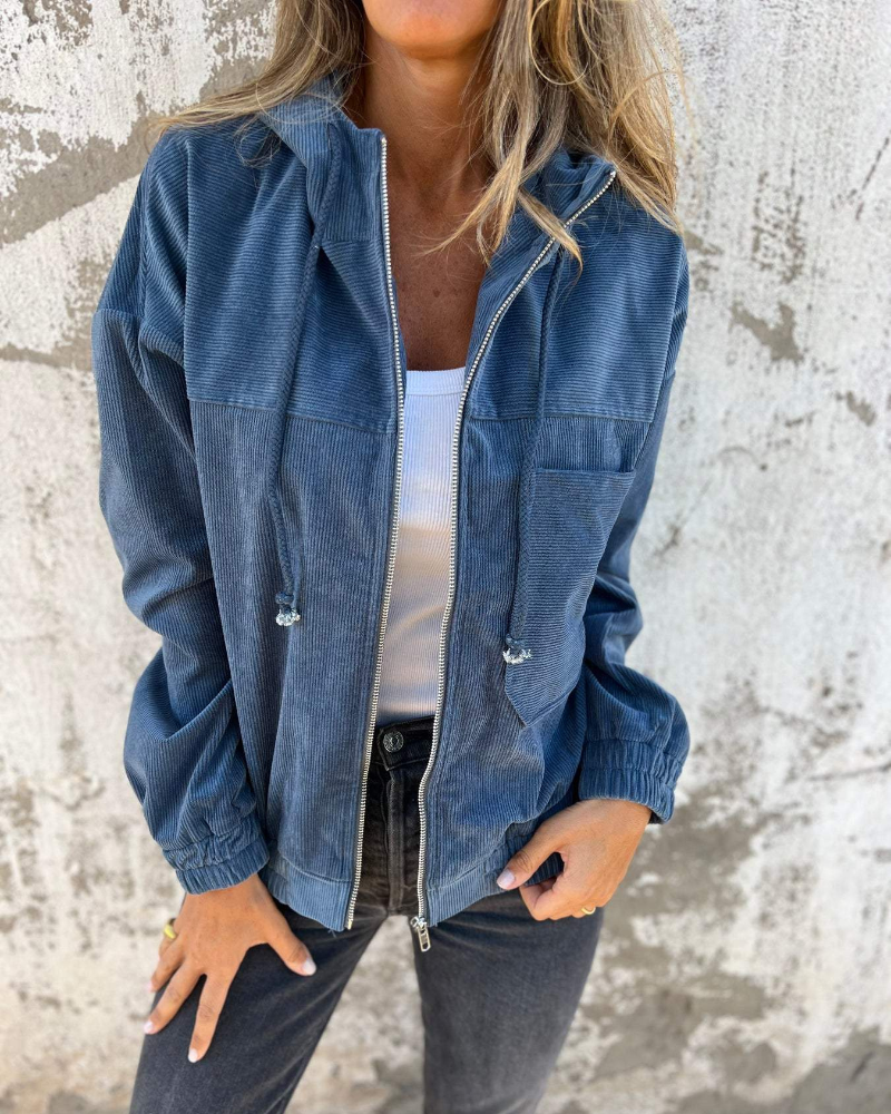 Dames Corduroy Jas met Rits en Capuchon – Retro & Comfortabel