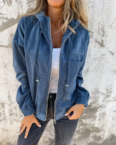 Dames Corduroy Jas met Rits en Capuchon – Retro & Comfortabel
