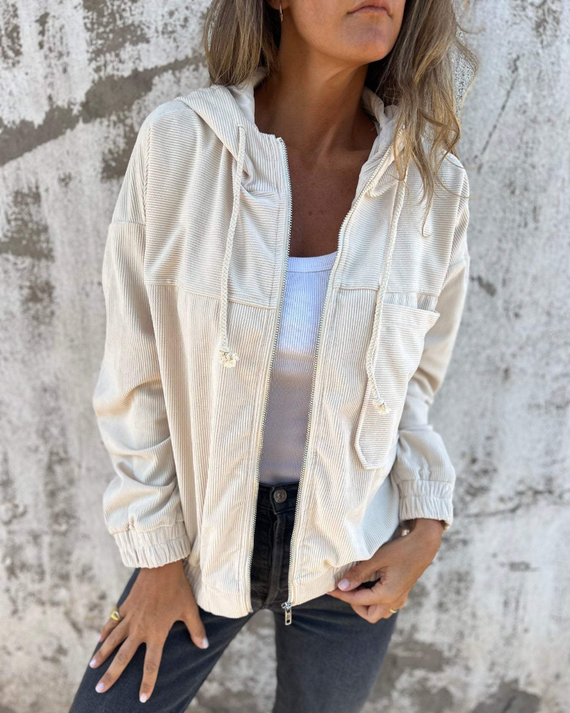 Dames Corduroy Jas met Rits en Capuchon – Retro & Comfortabel