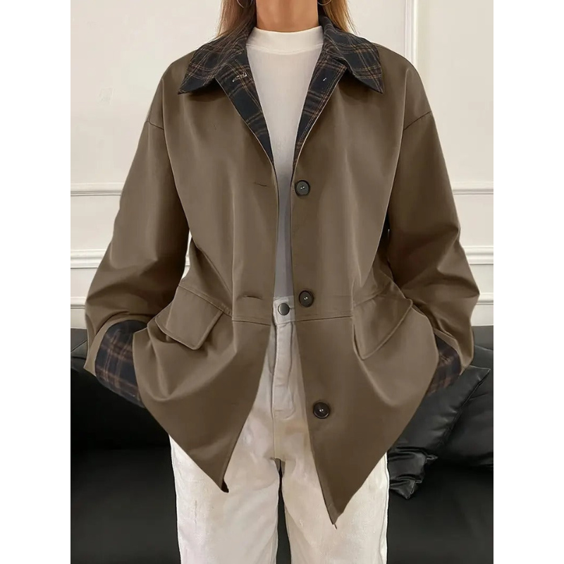 Dames Jas met Ruit Contrastkraag – Bruin