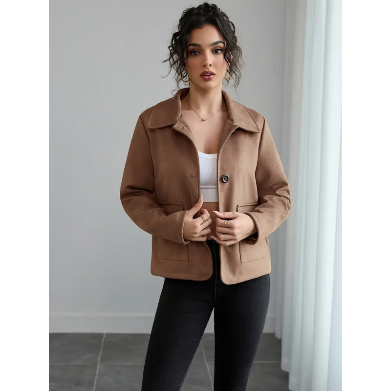 Dames Bruine Jas met Knoopsluiting – Contrastknopen