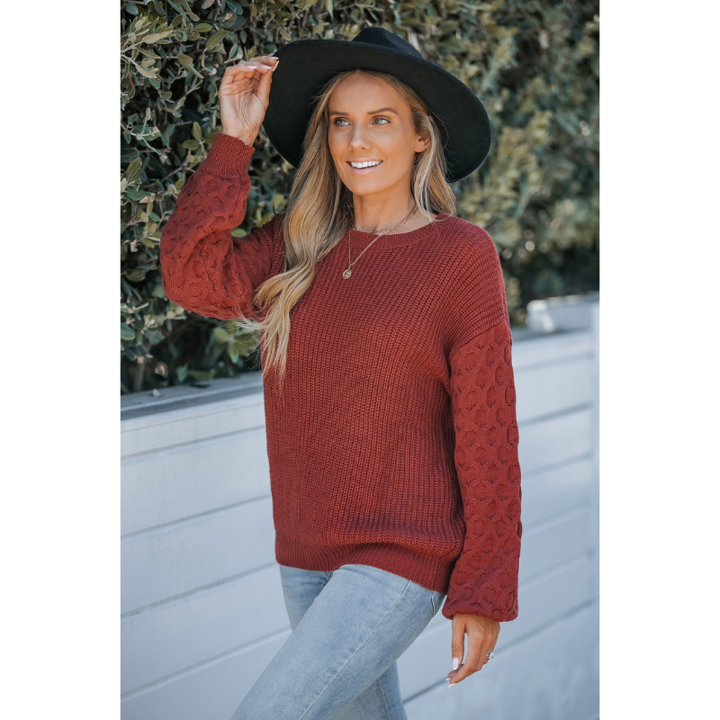 Dames Ribgebreide Trui met Pofmouwen – Roestkleur