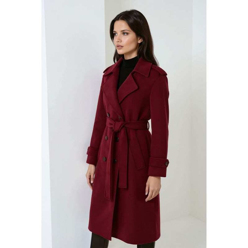 Serena Burgundy Winterjas Dames – Met Ceintuur