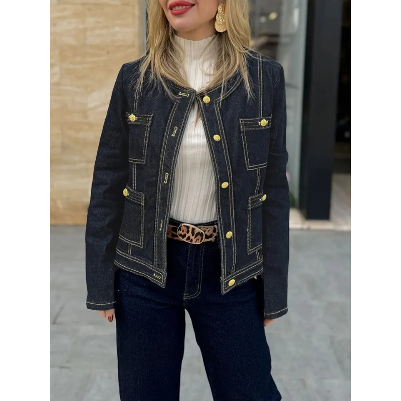 Dames Denim Jas met Gouden Details – Donkerblauw