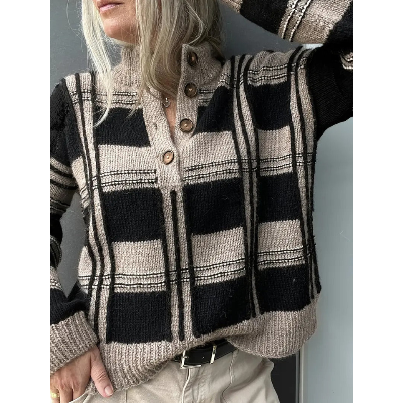 Dames Color Block Gebreide Trui met Knopen – Mock Neck