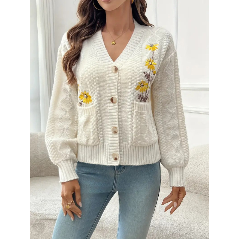 Dames Kabelgebreid Vest met Bloemenborduursel – Abrikoos