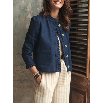 Dames Denim Jas met Ruches – Marineblauw