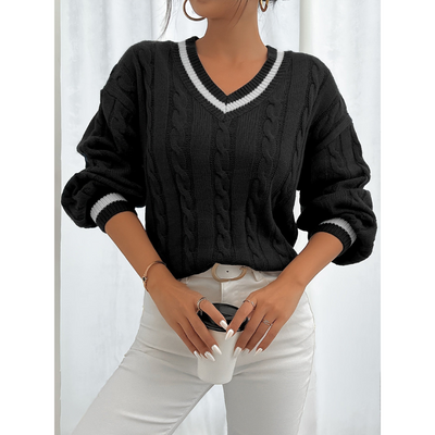 Dames Kabelgebreide Trui met Contrastboord – V-hals