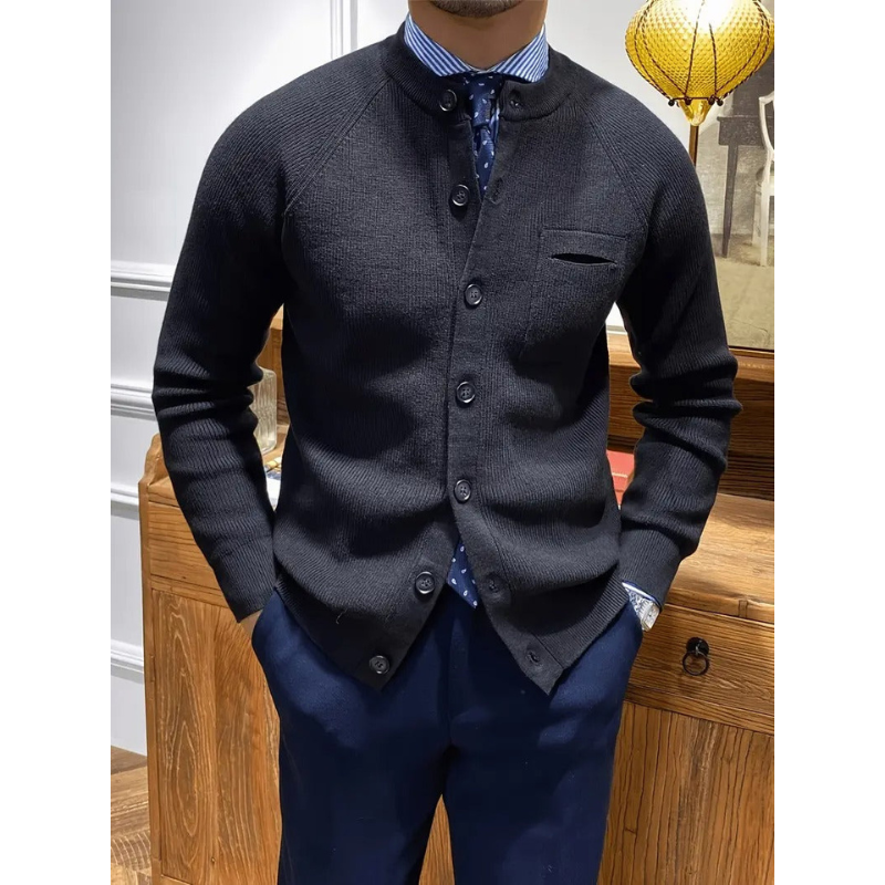 Heren Cardigan – Ribgebreid, Ronde Hals met Knoopsluiting