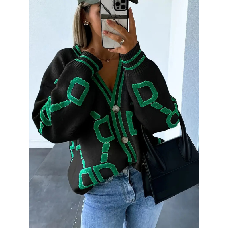 Dames Gebreid Vest met Embleemprint – V-hals