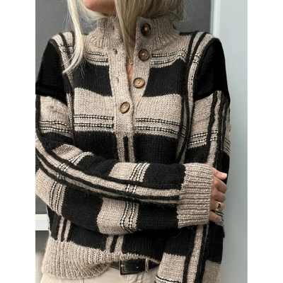 Dames Color Block Gebreide Trui met Knopen – Mock Neck