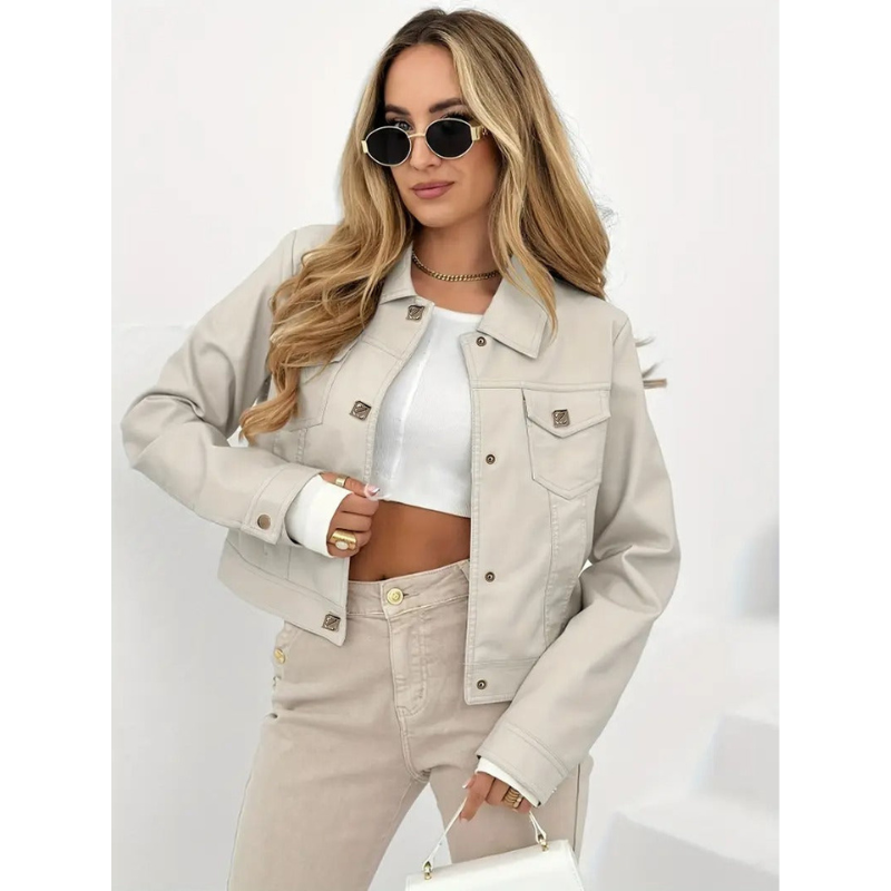 Dames Cropped Jas met Gouden Knopen – Beige