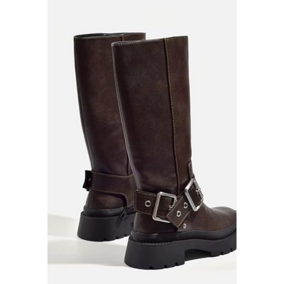 Dames Kniehoge Laarzen met Gesp – Chunky Zool & Retro Look