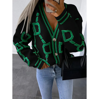 Dames Gebreid Vest met Embleemprint – V-hals