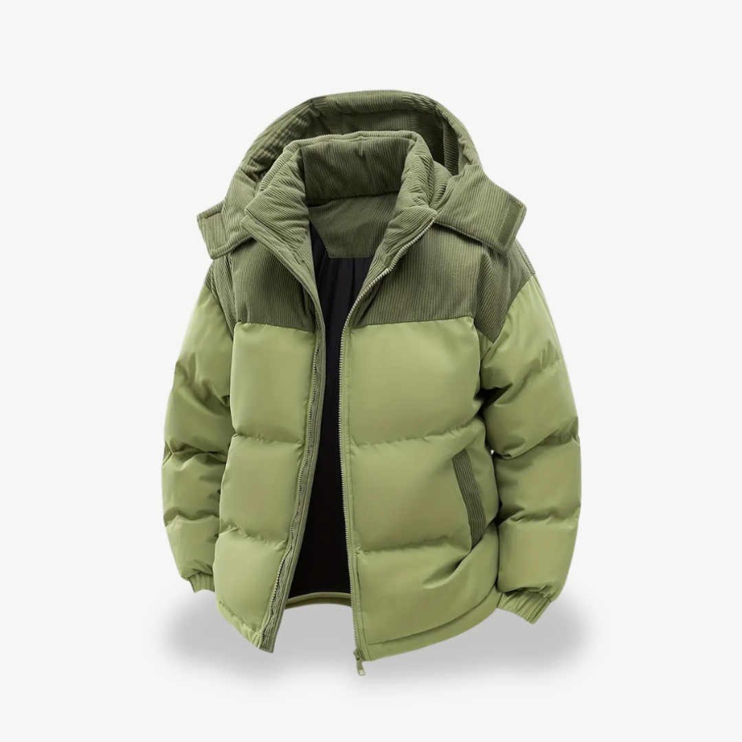 Heren Puffer Jas met Corduroy Capuchon – Warm en Stijlvol