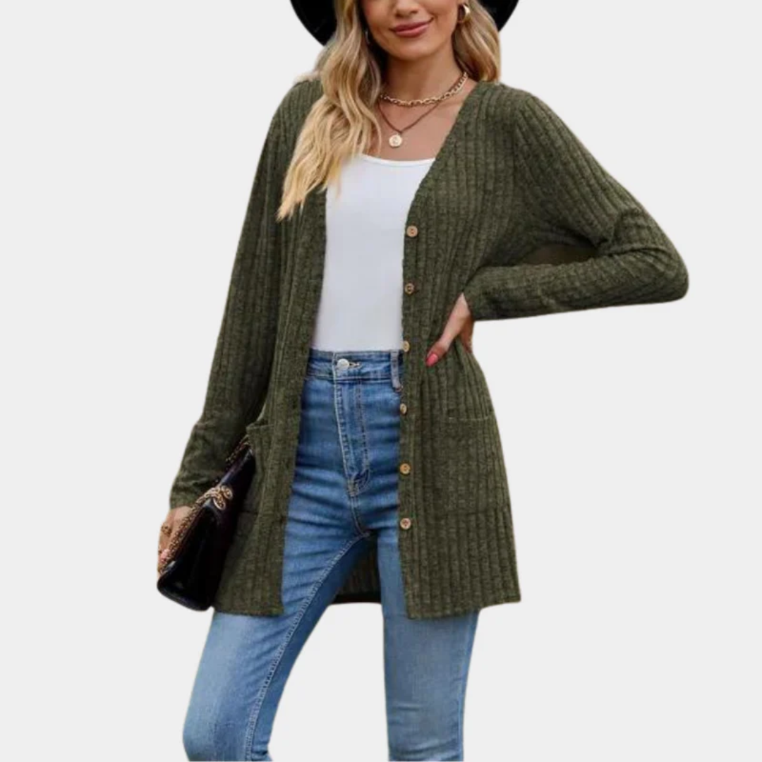 Lange Gebreide Rib Cardigan met Knopen