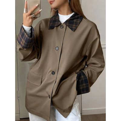 Dames Jas met Ruit Contrastkraag – Bruin