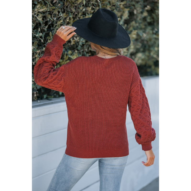 Dames Ribgebreide Trui met Pofmouwen – Roestkleur