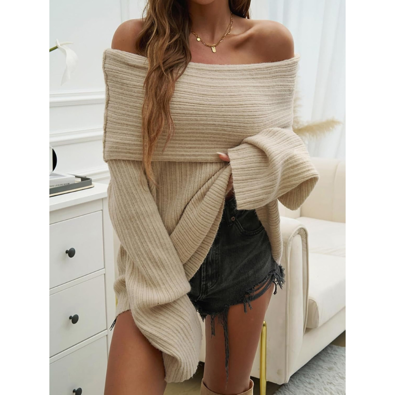 Dames Off-Shoulder Gebreide Trui – Ribpatroon