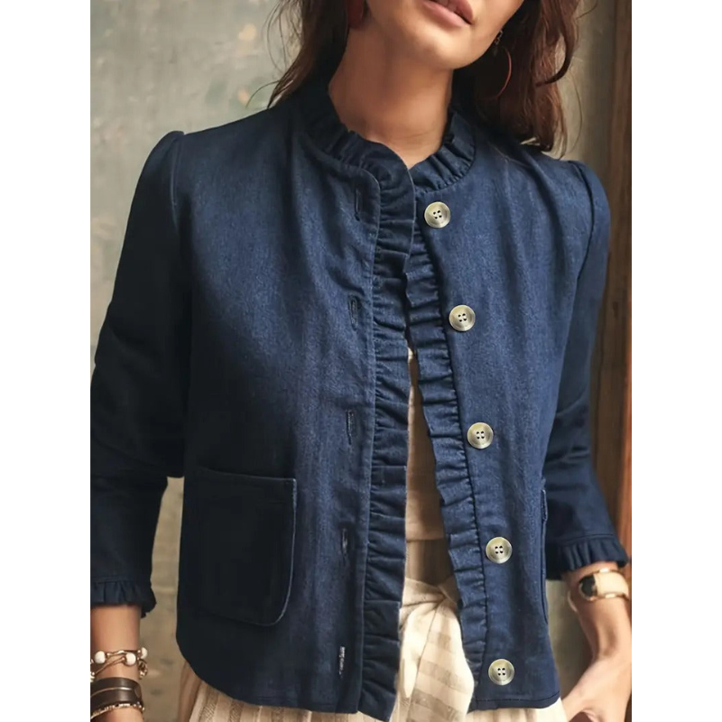Dames Denim Jas met Ruches – Marineblauw