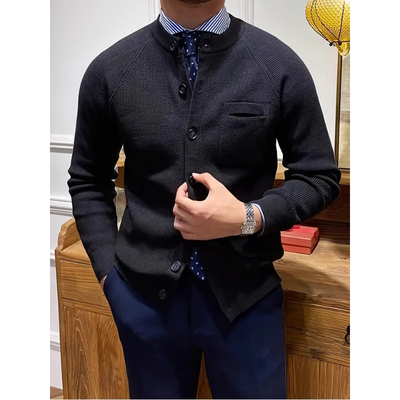Heren Cardigan – Ribgebreid, Ronde Hals met Knoopsluiting