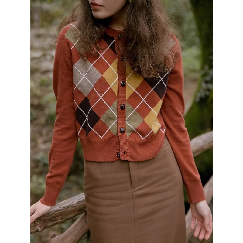 Dames Gebreid Vest met Ruitpatroon – Roestkleur