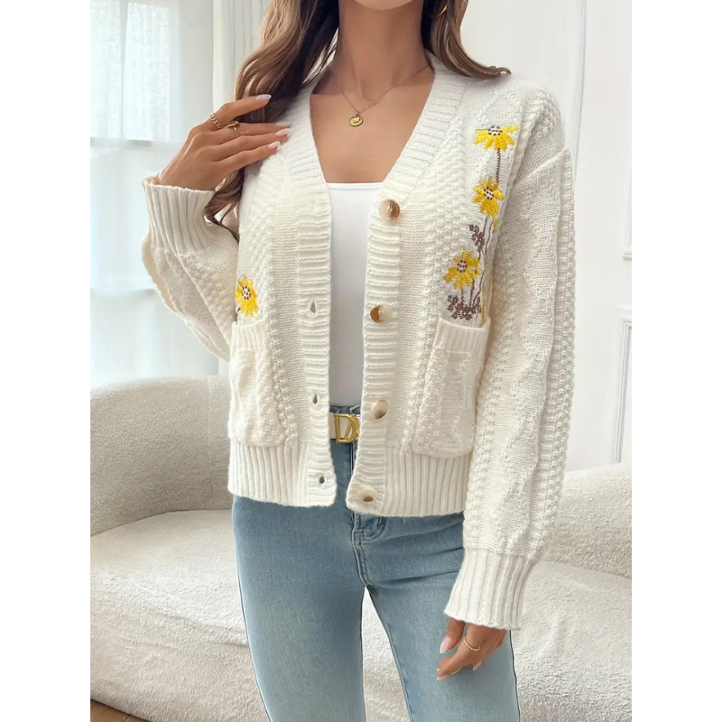 Dames Kabelgebreid Vest met Bloemenborduursel – Abrikoos