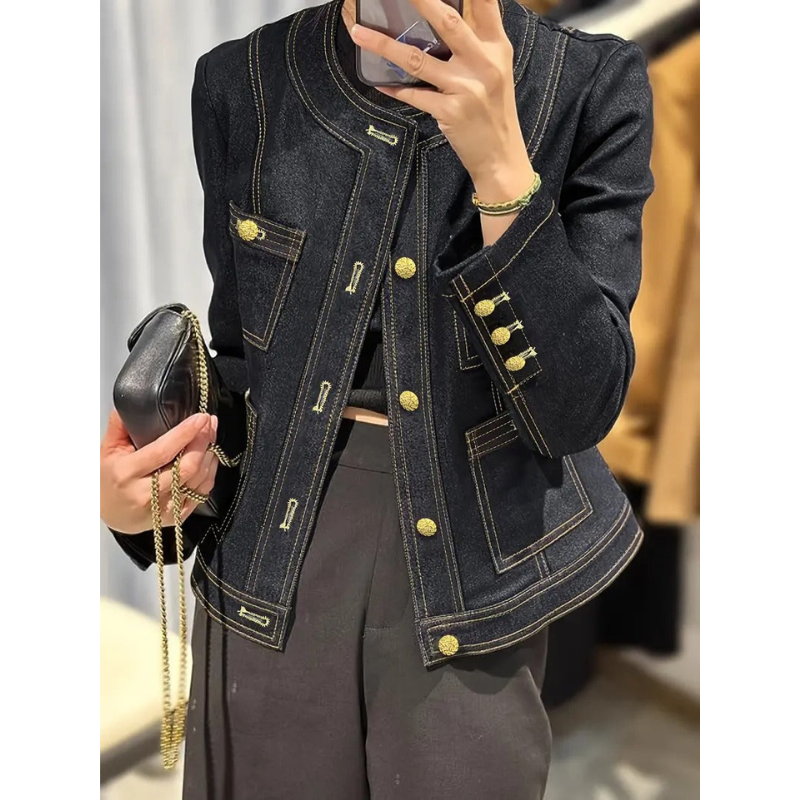 Dames Denim Jas met Gouden Details – Donkerblauw