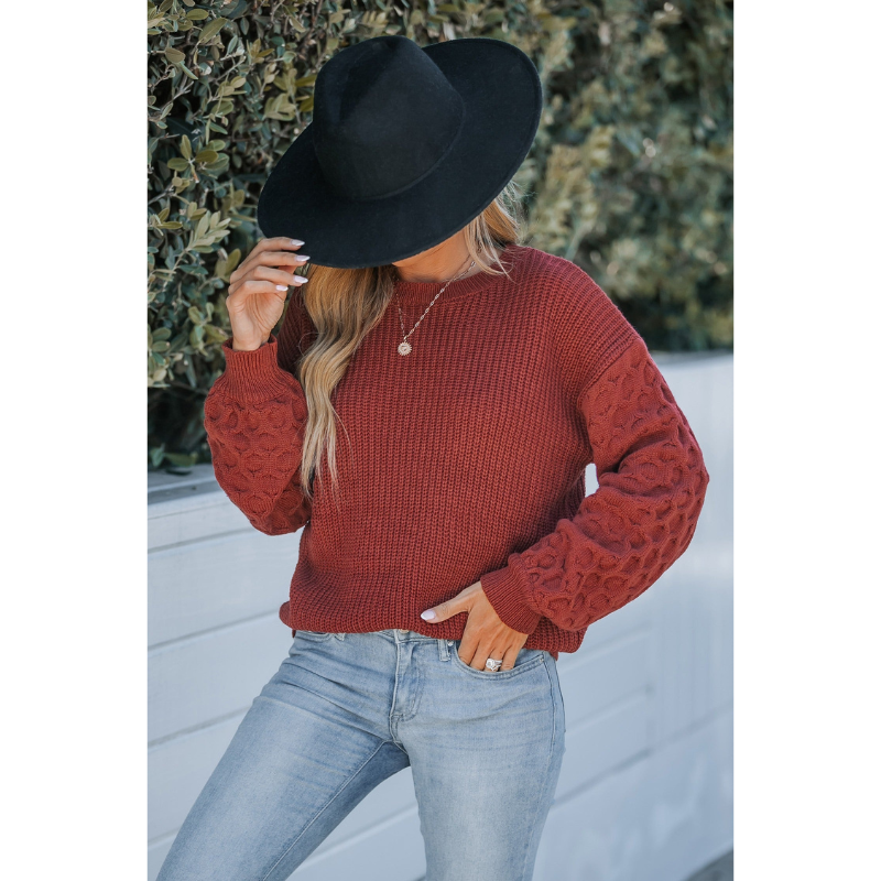 Dames Ribgebreide Trui met Pofmouwen – Roestkleur