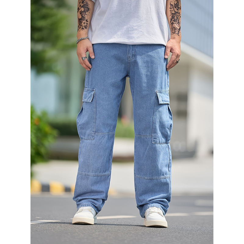 Heren Cargo Denim Broek – Losse Fit met Meerdere Zakken