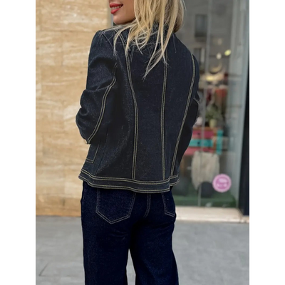 Dames Denim Jas met Gouden Details – Donkerblauw