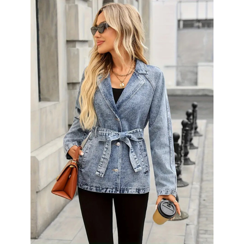 Dames Denim Jas met Ceintuur – Acid Wash