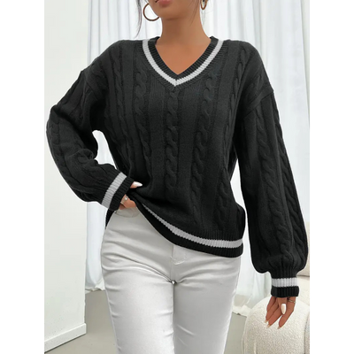 Dames Kabelgebreide Trui met Contrastboord – V-hals
