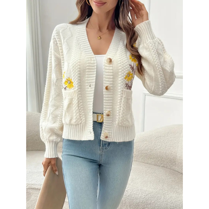 Dames Kabelgebreid Vest met Bloemenborduursel – Abrikoos