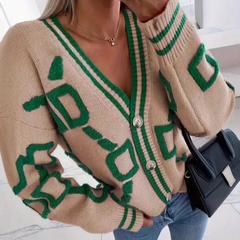 Dames Gebreid Vest met Embleemprint – V-hals