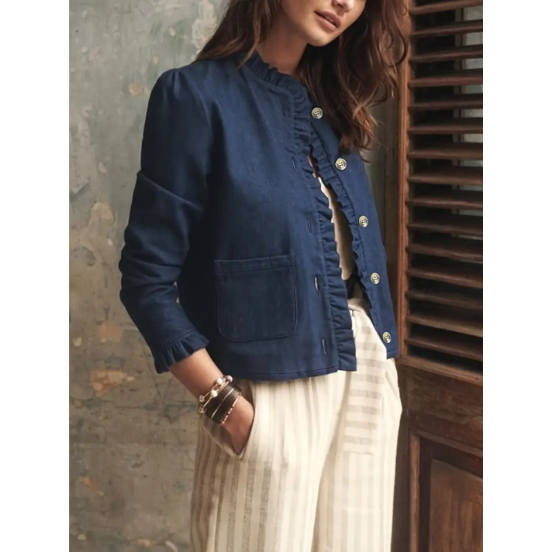 Dames Denim Jas met Ruches – Marineblauw