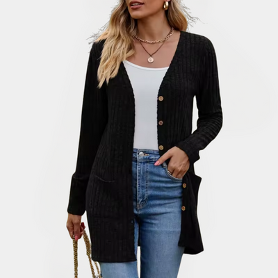 Lange Gebreide Rib Cardigan met Knopen