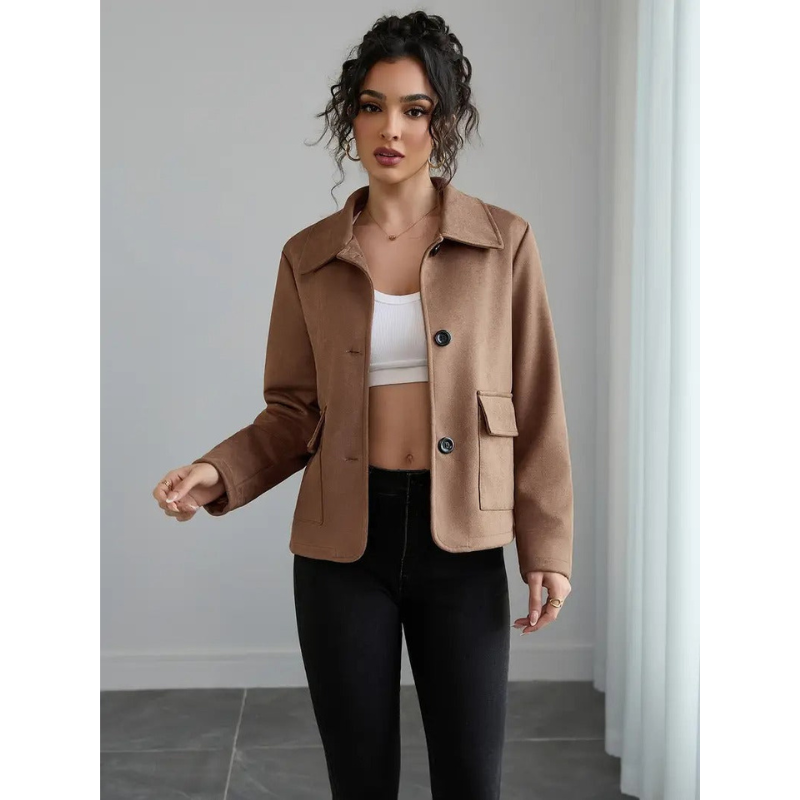 Dames Bruine Jas met Knoopsluiting – Contrastknopen