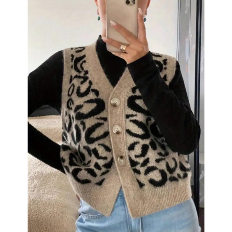 Dames Mouwloos Vest met Luipaardprint – V-hals