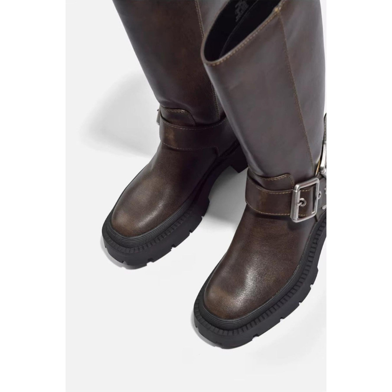 Dames Kniehoge Laarzen met Gesp – Chunky Zool & Retro Look