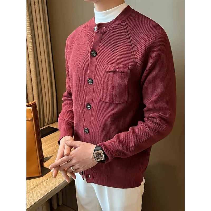 Heren Cardigan – Ribgebreid, Ronde Hals met Knoopsluiting