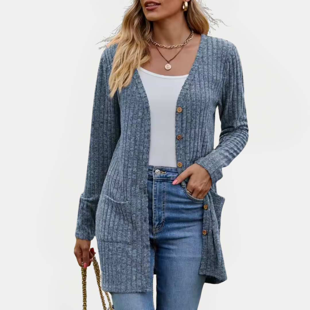 Lange Gebreide Rib Cardigan met Knopen