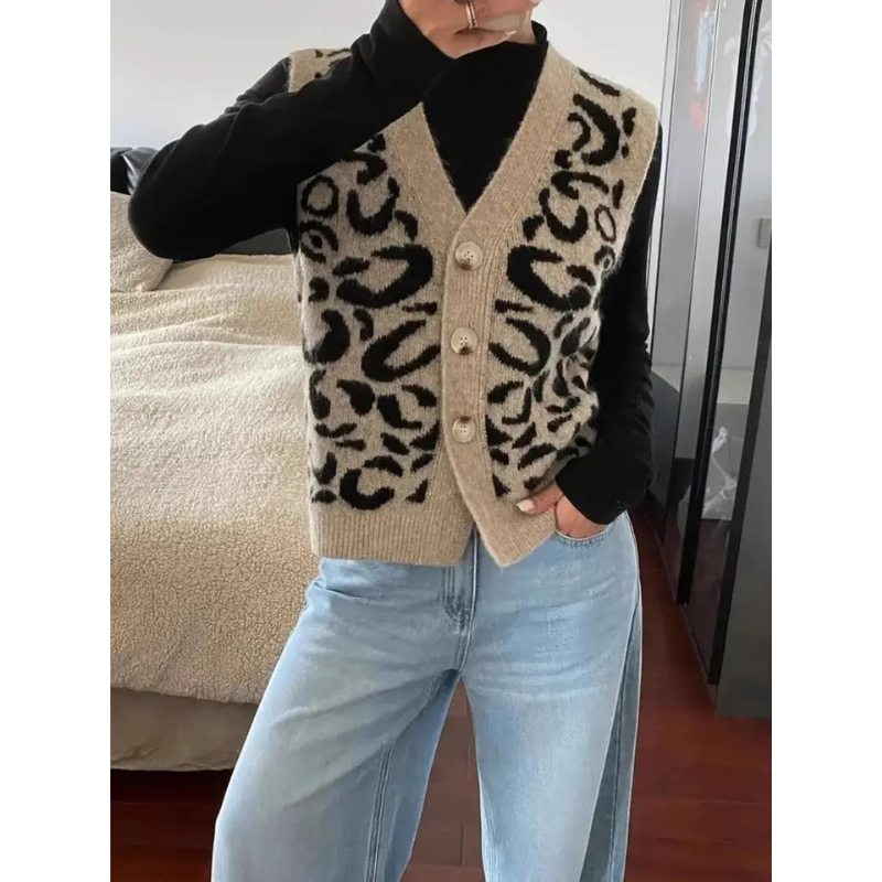 Dames Mouwloos Vest met Luipaardprint – V-hals