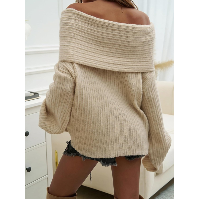 Dames Off-Shoulder Gebreide Trui – Ribpatroon