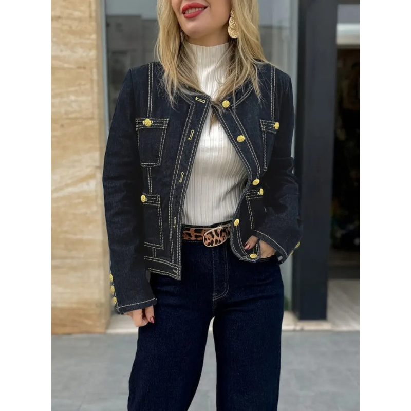 Dames Denim Jas met Gouden Details – Donkerblauw