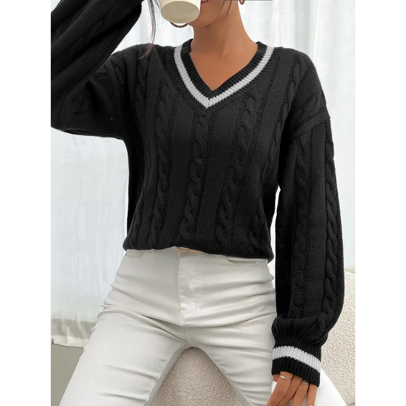 Dames Kabelgebreide Trui met Contrastboord – V-hals