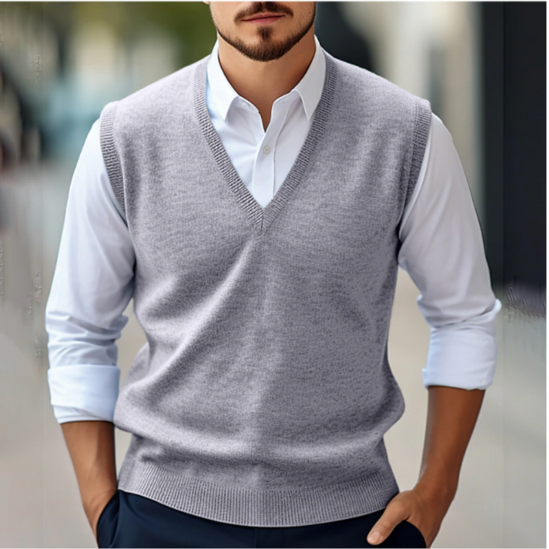 Heren Mouwloze Trui – V-Hals Gebreid Vest Look