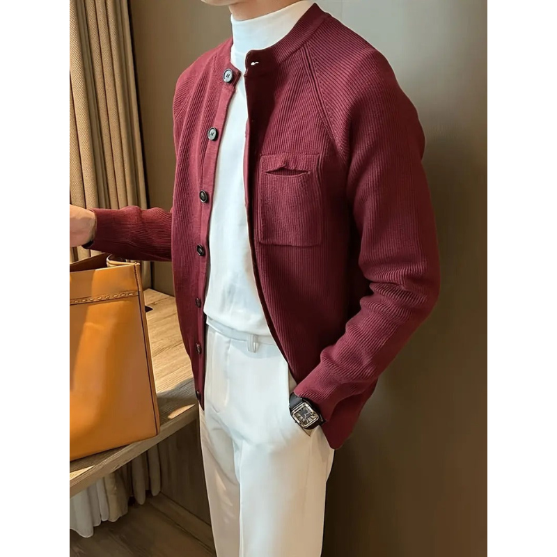 Heren Cardigan – Ribgebreid, Ronde Hals met Knoopsluiting