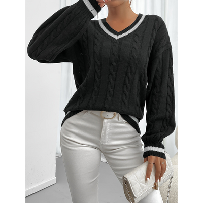 Dames Kabelgebreide Trui met Contrastboord – V-hals